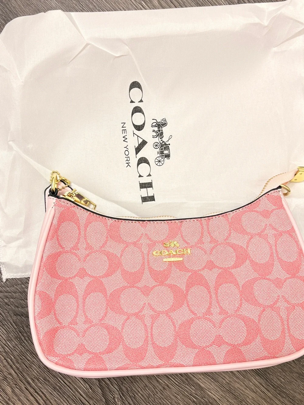 Coach Coral Pink Signature Crescent Shoulder Bag with Gold Hardware
